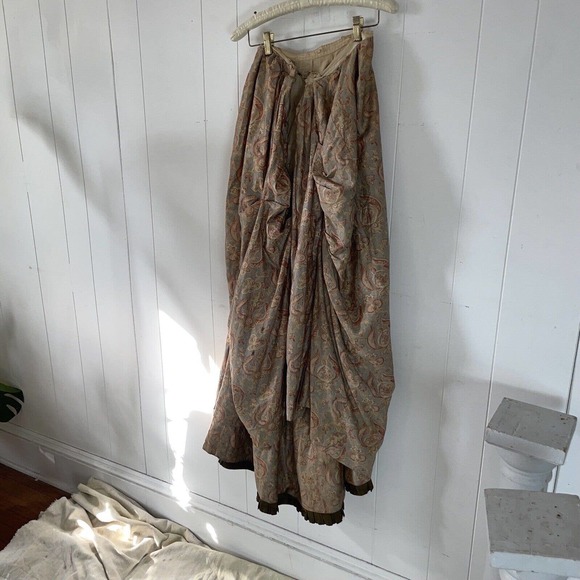 Antique 1800s Printed Asymmetric Walking Dress Skirt Bustle Draping Pleats - Picture 13 of 16